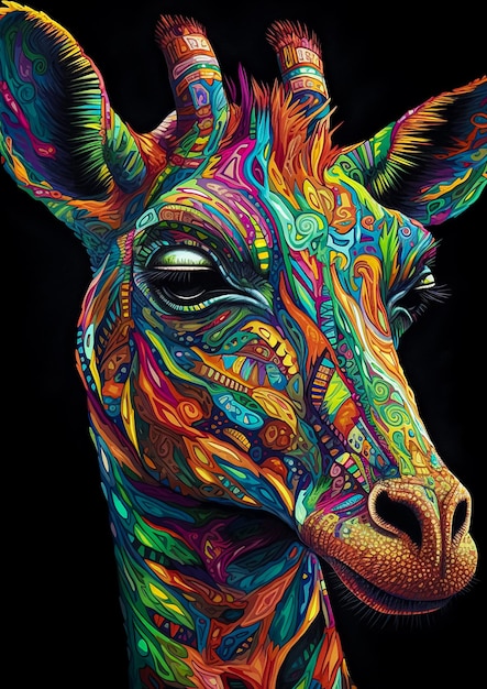 Una giraffa colorata con uno sfondo nero e la parola giraffa su di essa.