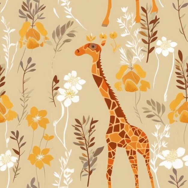 Una giraffa con fiori su uno sfondo beige.