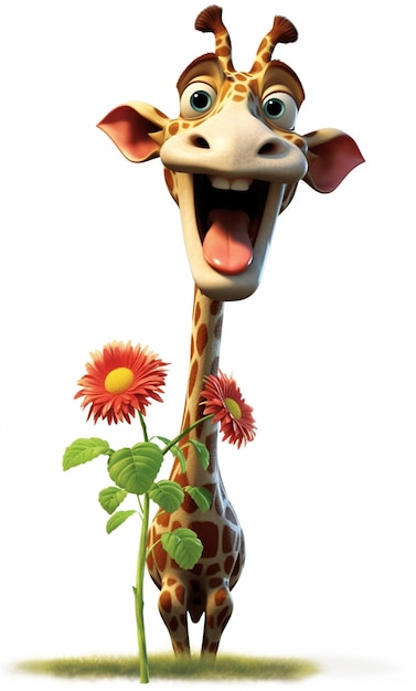 Una giraffa con un fiore sulla bocca sorride