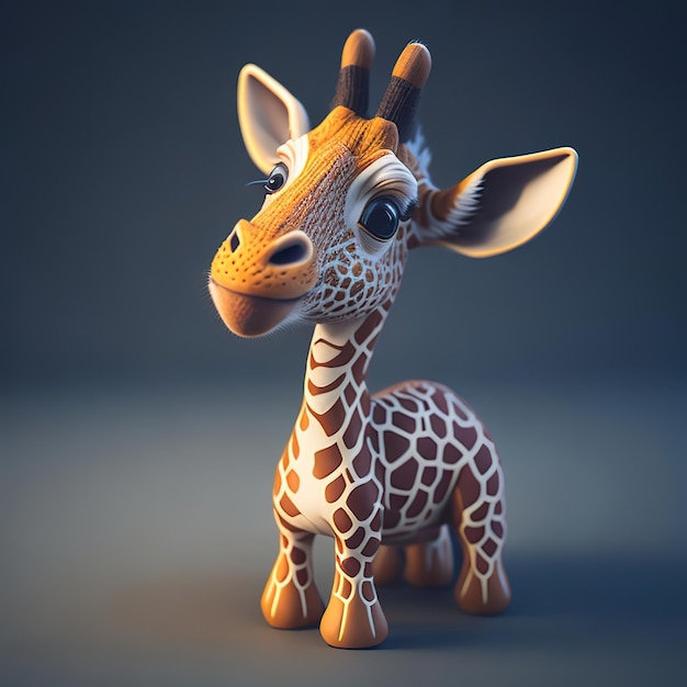 Una giraffa con un modello sul suo corpo è in una stanza buia.