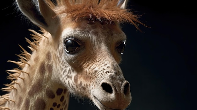 Una giraffa con una cresta e un collo lungo con i capelli lunghi.