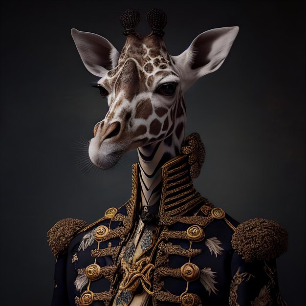 Una giraffa con uniforme blu e bottoni dorati.