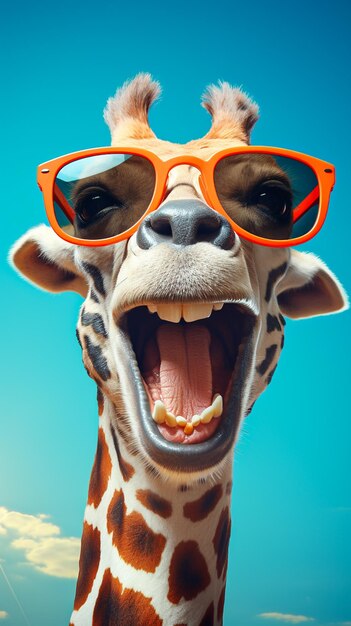Una giraffa divertente con gli occhiali da sole su uno sfondo blu creato dall'intelligenza artificiale