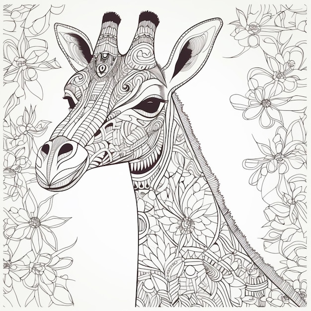 Una giraffa è disegnata con un motivo floreale e ha un contorno nero.