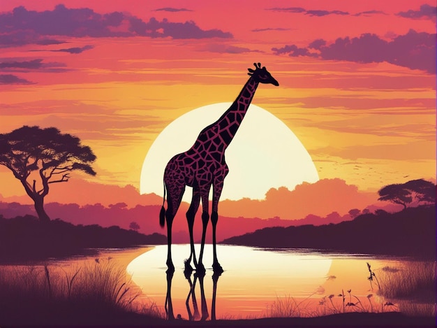 Una giraffa è in piedi di fronte a un tramonto con un tramonto sullo sfondo.