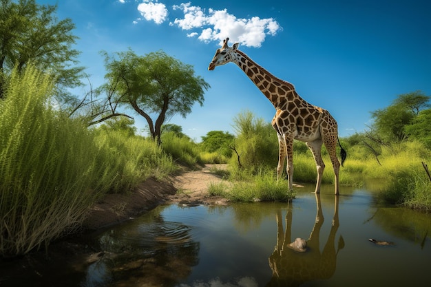 Una giraffa è in piedi nell'acqua e il cielo è blu e c'è un albero sullo sfondo.