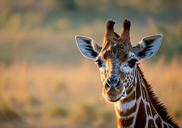 una giraffa guardando la messa a fuoco della telecamera sulla testa