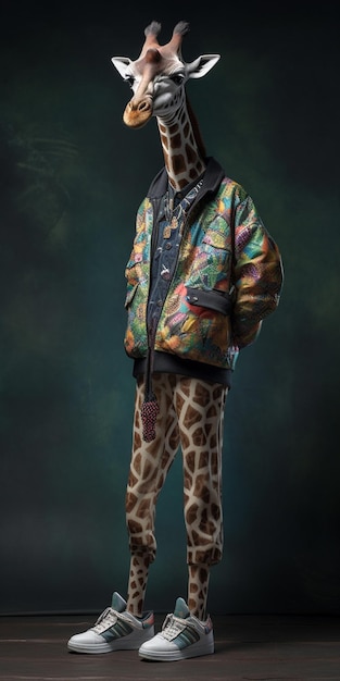Una giraffa in piedi accanto a un uomo che indossa una giacca con sopra la scritta giraffa.