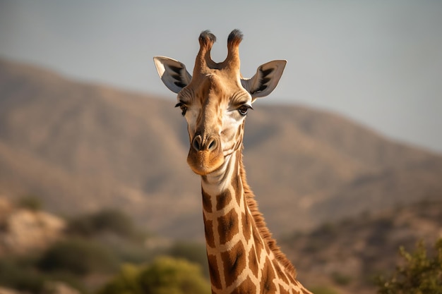 una giraffa in piedi in un campo con una montagna sullo sfondo