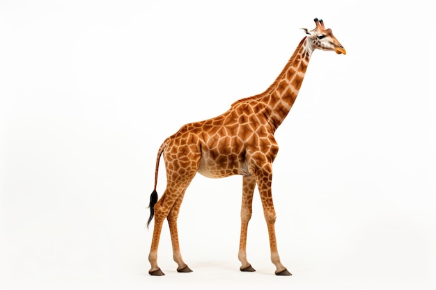 una giraffa in piedi in una stanza bianca