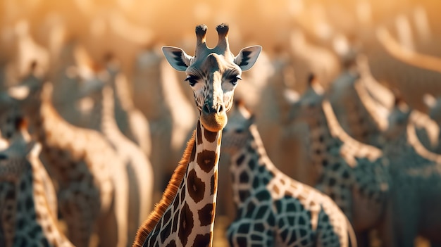 Una giraffa in un campo con molte altre giraffe sullo sfondo