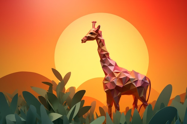 Una giraffa si trova nell'erba davanti a un tramonto.