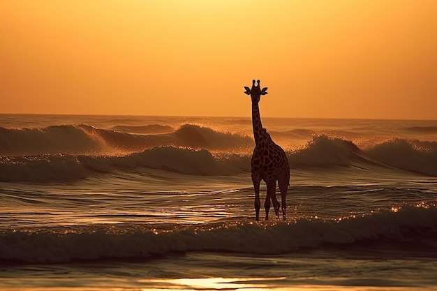 Una giraffa si trova nell'oceano con il sole che tramonta dietro di essa.