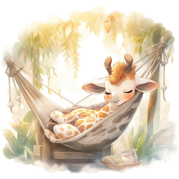 Una giraffa sonnolenta in un'illustrazione ad acquerello di un'amaca
