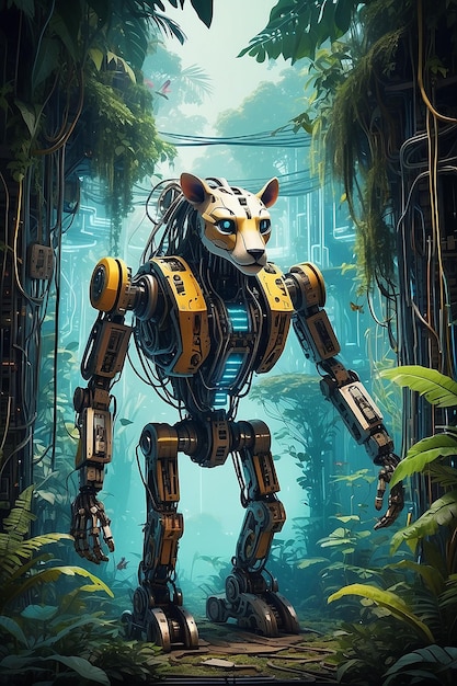 Una giungla cibernetica con animali robotici e alberi fatti di circuiti