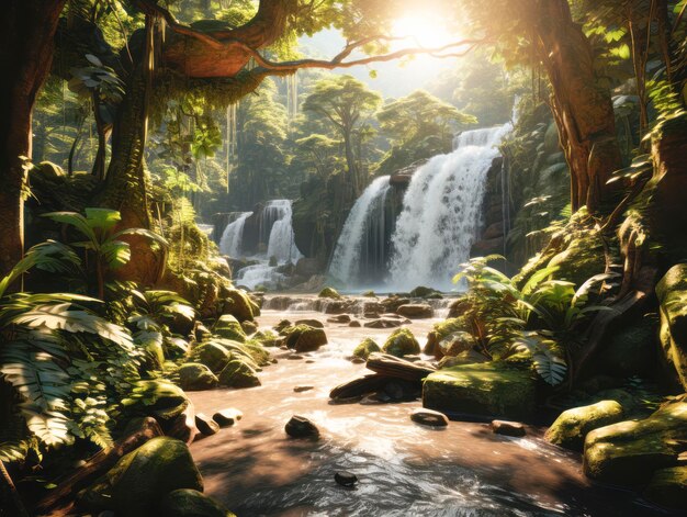 Una giungla lussureggiante con una cascata a cascata, raggi di sole che attraversano il baldacchino e il fogliame verdeggiante contro uno sfondo naturalistico, un concetto di natura intatta, IA generativa.