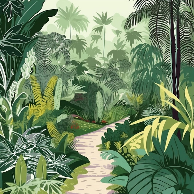 Una giungla verde con un percorso attraverso la giungla.