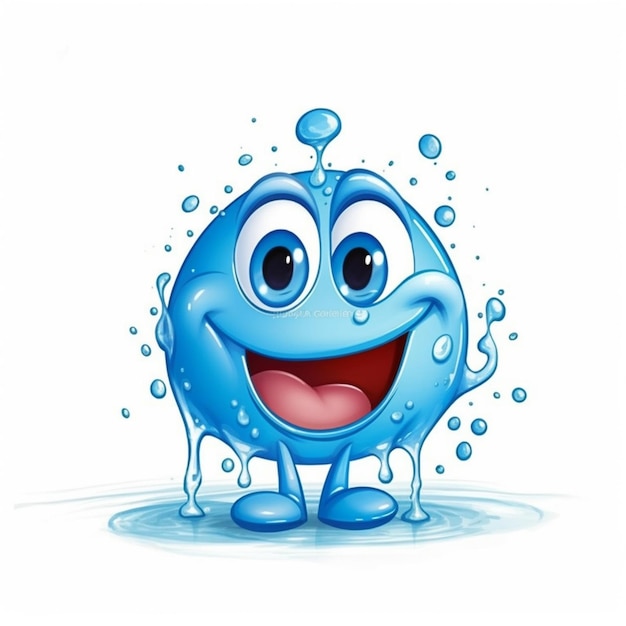 Una goccia d'acqua blu con una faccia sorridente e una faccia sorridente.