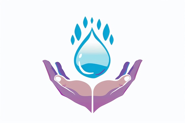 una goccia d'acqua con le mani che tengono una goccia di acqua blu