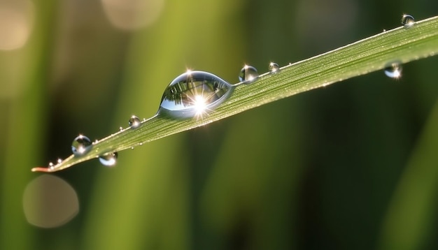 Una goccia d'acqua è mostrata su un filo d'erba.