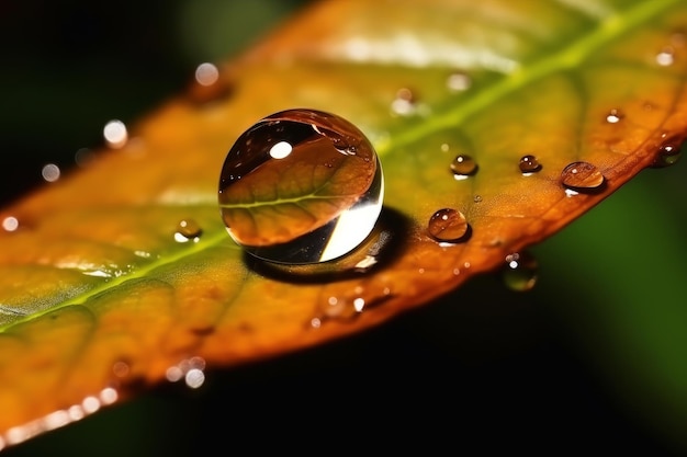 Una goccia d'acqua è su una foglia