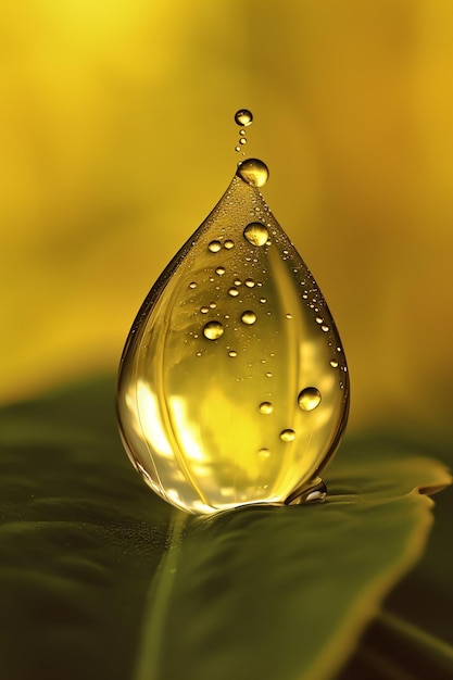 Una goccia d'acqua gocciola da una foglia.