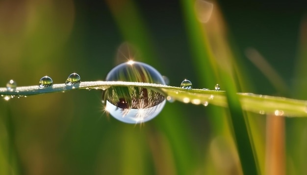 Una goccia d'acqua si riflette in un filo d'erba.