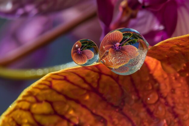 Una goccia d'acqua su un petalo di orchidea che riflette il mondo a testa in giù