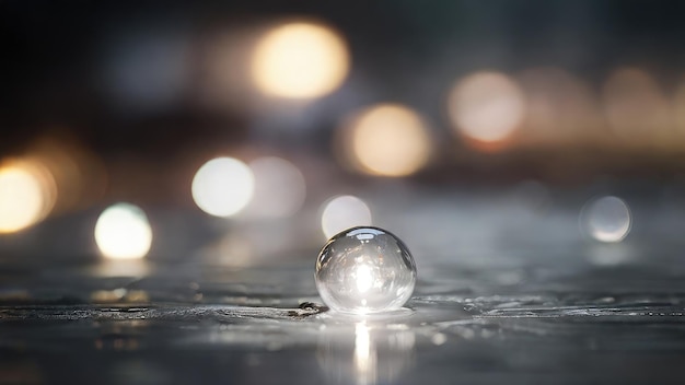 una goccia d'acqua su un tavolo con le luci dietro