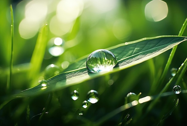 una goccia d'acqua su una foglia d'erba nello stile dei raggi del sole brilla su di essa