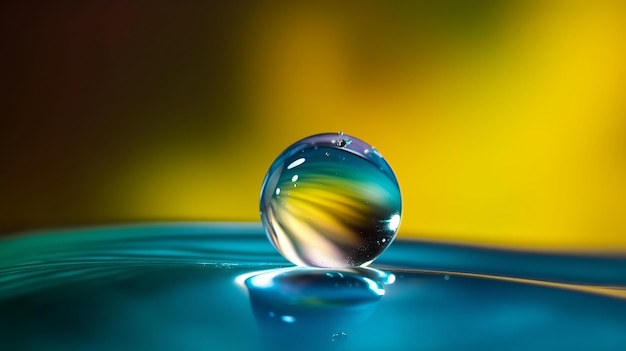 Una goccia d'acqua su una superficie blu con uno sfondo giallo e verde.