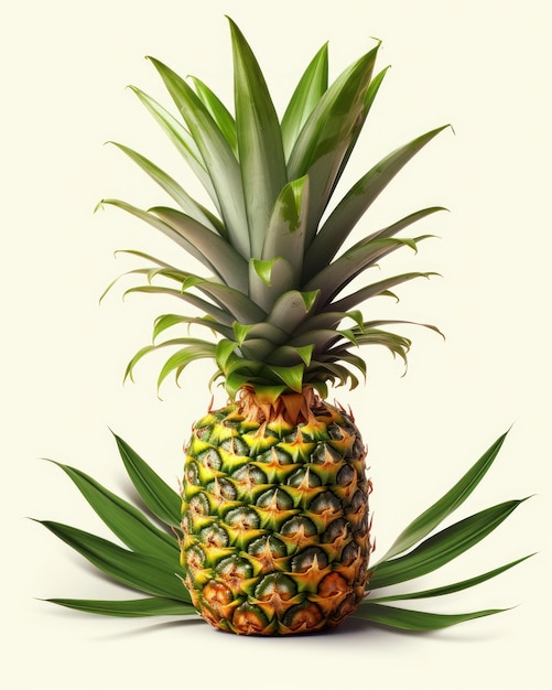 Una grafica vettoriale di un ananas su sfondo bianco con alcune foglie tropicali creata con la tecnologia Generative AI