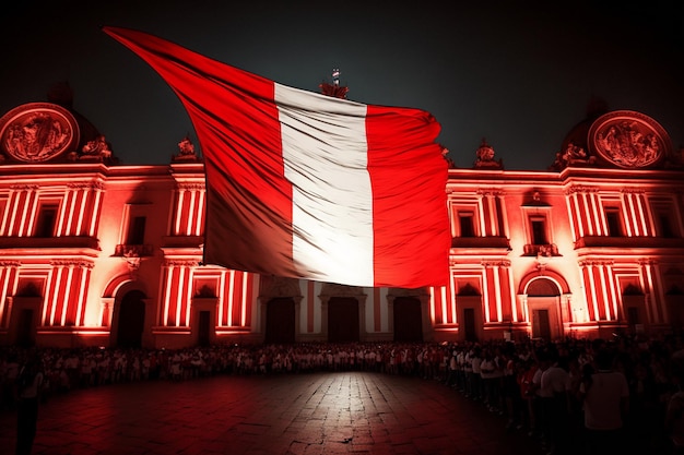 Una grande bandiera rossa e bianca sta sventolando davanti a un edificio che dice 'peru'