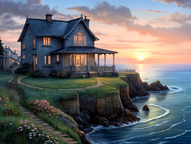 Una grande bella casa sulla riva del mare nei raggi del sole che sorge