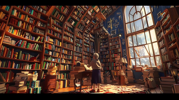 Una grande biblioteca con un soffitto alto e molte scaffale