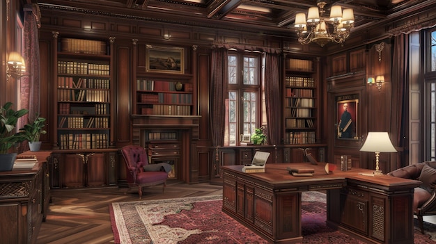 Una grande biblioteca in legno con una sedia da scrivania e scaffali per libri