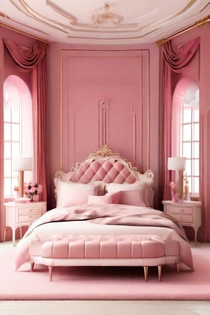 Una grande camera da letto lussuosa e pulita con un'estetica rosa.