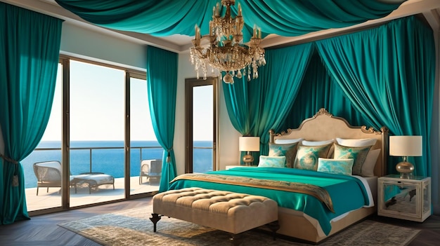 Una grande camera da letto moderna in una lussuosa villa estiva con vista mozzafiato sul mare