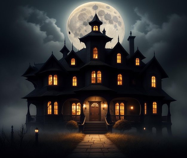 Una grande casa con la luna piena sullo sfondo
