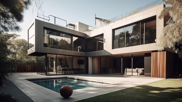 Una grande casa con una piscina e un pallone da basket al centro.