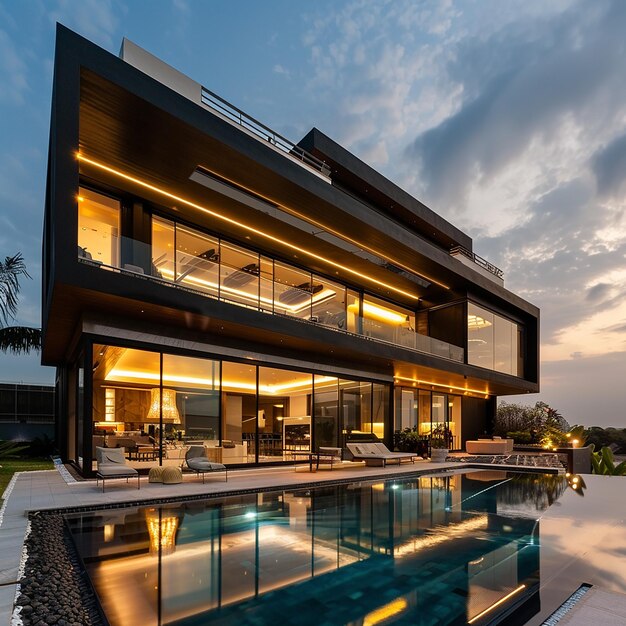 una grande casa con una piscina e una piscina sullo sfondo