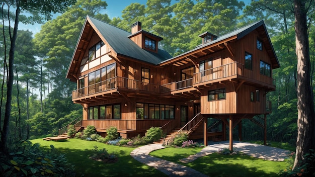 Una grande casa in legno con un grande porticato e un grande terrazzo.