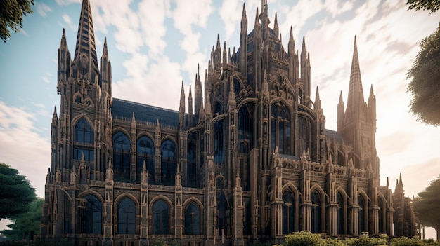 Una grande chiesa con una grande torre e uno sfondo di cielo