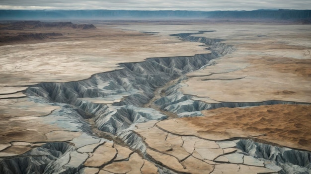 una grande crepa nel terreno con lo sfondo del cielo e le montagne in lontananza