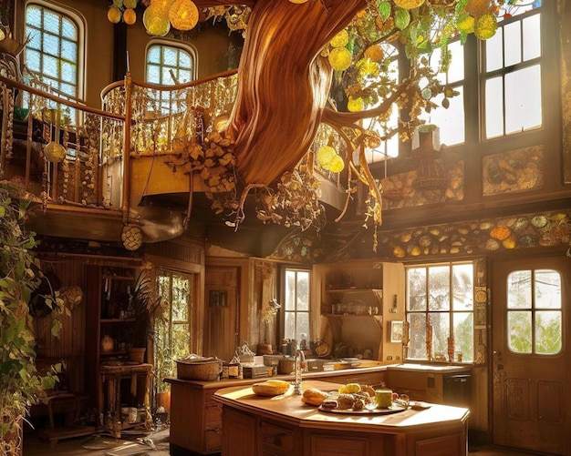 Una grande cucina con un grande albero che pende dal soffitto