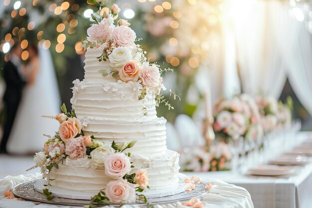 Una grande e bella torta di nozze ricoperta di panna montata e decorata con fiori delicati.