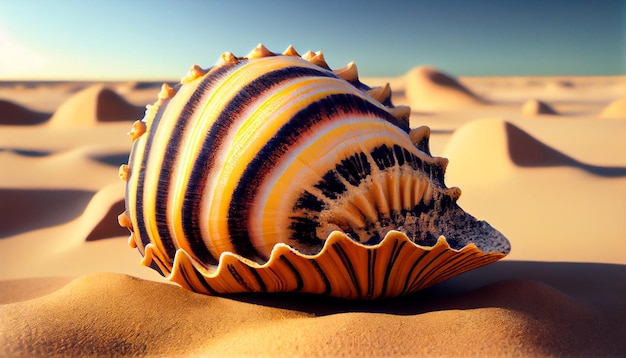 Una grande e bellissima conchiglia esotica si trova sulla sabbia di una spiaggia esotica IA generativa