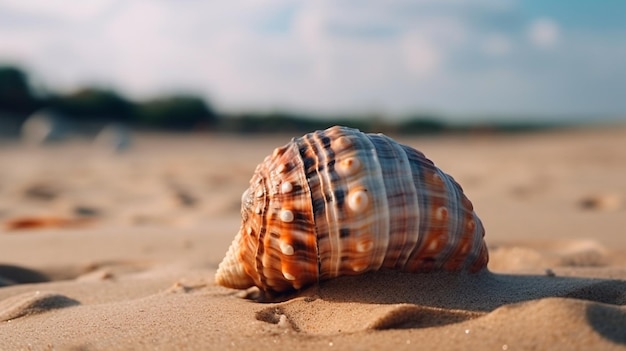 Una grande e bellissima conchiglia esotica si trova sulla sabbia di una spiaggia esotica IA generativa