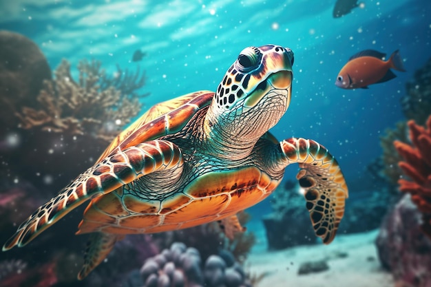 Una grande e bellissima tartaruga nuota nelle profondità dell'oceano