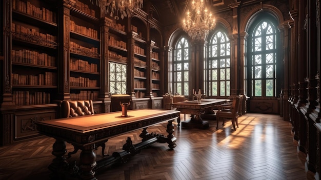 una grande e lussuosa biblioteca privata in stile antico